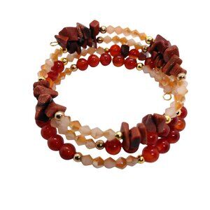 Memory wire wrap bracelet carnelian Goldstone peach crystals gold tone